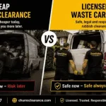 Licensed rubbish clearance team loading waste into a branded collection van