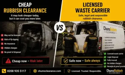 Licensed rubbish clearance team loading waste into a branded collection van