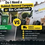 Household rubbish waiting for collection beside a wheelie bin and rubbish removal van