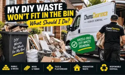 Pile of DIY renovation waste beside an overflowing wheelie bin